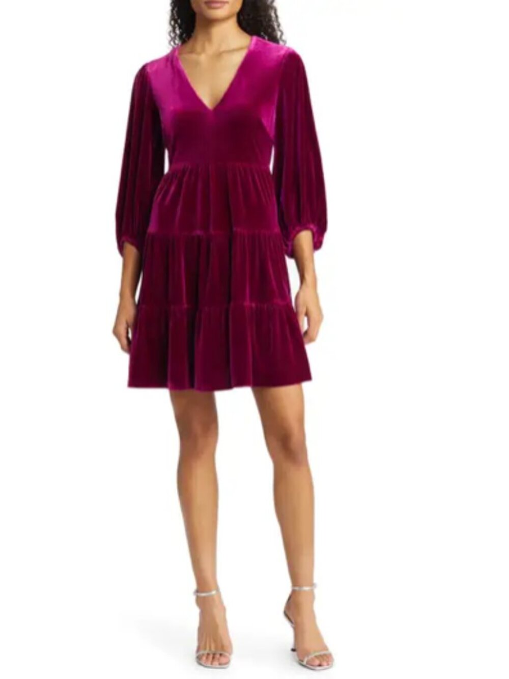 NEW Eliza J Balloon Sleeve Tiered Velvet Trapeze Dress Fuchsia Jewel Tone - 6